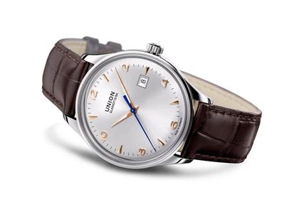 Union Glashütte Noramis Datum Herrenuhr silber mit goldenen 