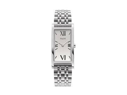 M&M Banana Quarz Edelstahl 42x20mm silbernes Zifferblatt Metallband – Damenuhren Uhr ohne Datum aus Edelstahl. Das Gehäuse ist rechteckig und silber. Das Edelstahlarmband ist silber. Das Zifferblatt ist römisch Index und silber.