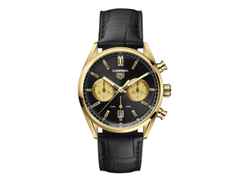 TAG Heuer Carrera Chronograph Automatik Gelbgold 42mm schwarzes Zifferblatt schwarzes Lederband – Herrenuhren Chronograph aus 750 Gelbgold und Leder. Das Gehäuse ist rund und gelbgold. Das Lederarmband Kroko / Alligator ist schwarz. Das Zifferblatt ist ein Index in schwarz.
