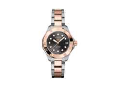 TAG Heuer Aquaracer Professional 200 Solargraph Quarz Edelstahl Roségold 34mm schwarzes Perlmutt-Zifferblatt mit Brillanten Metallband – Damenuhren Uhr mit Datum aus 750 Rotgold und Edelstahl. Das Gehäuse ist rund und silber-roségold. Das Edelstahlarmband mit Gold ist silber-roségold. Das Zifferblatt ist ein Index in schwarz.