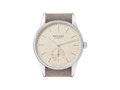 Nomos Glashütte Orion 33 Champagner Handaufzug Edelstahl 33mm beiges Zifferblatt beiges Lederband Glasboden – Damenuhren Uhr ohne Datum aus Edelstahl und Leder. Das Gehäuse ist rund und silber. Das Lederarmband ist beige. Das Zifferblatt ist ein Index in beige. – Ansicht 3