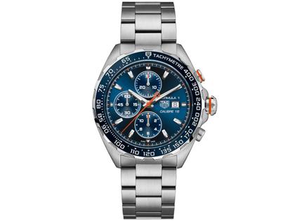 TAG Heuer Formula 1 Chronograph Automatik Edelstahl 44mm blaues Zifferblatt Metallband – Herrenuhren Chronograph aus Edelstahl und Keramik. Das Gehäuse ist rund und silber. Das Edelstahlarmband ist silber. Das Zifferblatt ist ein Index in blau.