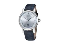 Mühle Glashütte Teutonia IV Großdatum Edition 1994 Automatik Edelstahl 41mm eisblaues Zifferblatt blaues Velours-Lederband – Herrenuhren Uhr mit Datum aus Edelstahl. Das Gehäuse ist rund und silber. Das Lederarmband ist blau. Das Zifferblatt ist ein Index in blau.