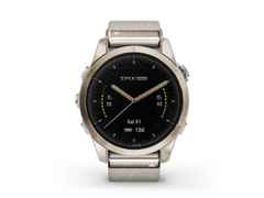 Garmin epix Pro Sapphire Edelstahl softgold beschichtet 42 mm Nylonband beige – Herrenuhren Uhr Multifunktion aus DLC beschichtet, Edelstahl und Kautschuk. Das Gehäuse ist rund und beige. Das Textilarmband ist beige. Das Zifferblatt ist digital und schwarz.