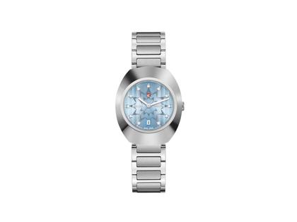 Damenuhren Uhr mit Datum aus Edelstahl und Keramik. Das Gehäuse ist oval und silber. Das Edelstahlarmband ist silber. Das Zifferblatt ist ein Index in blau.