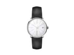 Junghans Meister fein Kleine Automatic Edelstahl 35mm weißes Zifferblatt schwarzes Lederband – Damenuhren Uhr mit Datum aus Edelstahl und PVD beschichtet. Das Gehäuse ist rund und silber. Das Lederarmband ist schwarz. Das Zifferblatt ist ein Index in weiß.