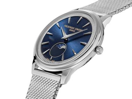 Frederique Constant Classics Moneta Moonphase Quarz Edelstahl 37mm blaues Zifferblatt Metallband – Herrenuhren Uhr ohne Datum aus Edelstahl und Leder. Das Gehäuse ist rund und silber. Das Edelstahlarmband ist silber. Das Zifferblatt ist ein Index in blau. – Ansicht 3