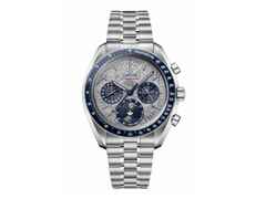 Omega Speedmaster Mondphase Chronograph Handaufzug Edelstahl 43mm graues Zifferblatt Metallband – Herrenuhren Chronograph aus Edelstahl und Titan. Das Gehäuse ist rund und silber. Das Edelstahlarmband ist silber. Das Zifferblatt ist ein Index in grau.