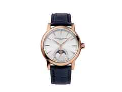 Frederique Constant Classic Moonphase Date Manufacture Automatik Roségold 40mm silbernes Zifferblatt blaues Lederband – Herrenuhren Uhr mit Datum aus 750 Rotgold. Das Gehäuse ist rund und roségold. Das Lederarmband Kroko / Alligator ist blau. Das Zifferblatt ist ein Index in silber.
