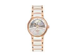 Rado Centrix Diamonds Automatik Open Heart Edelstahl Roségold-PVD 35mm weißes Zifferblatt mit Brillanten Metallband – Damenuhren Uhr ohne Datum aus Edelstahl, Keramik und PVD beschichtet. Das Gehäuse ist rund und roségold. Das Keramikarmband ist weiß. Das Zifferblatt ist ein Index in weiß.