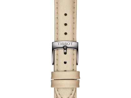 Tissot PR 100 Quarz Edelstahl 34mm weißes Perlmutt-Zifferblatt cremefarbenes Lederband – Damenuhren Uhr mit Datum aus Edelstahl und Leder. Das Gehäuse ist rund und silber. Das Lederarmband ist beige. Das Zifferblatt ist ein Index in weiß. – Ansicht 4