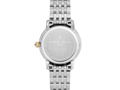 Frederique Constant Slimline Ladies Moonphase Quarz Edelstahl 30mm Perlmutt-Zifferblatt Metallband – Damenuhren Uhr ohne Datum aus Edelstahl und PVD beschichtet. Das Gehäuse ist rund und silber-gelbgold. Das vergoldetes Edelstahlarmband ist silber-gelbgold. Das Zifferblatt ist ein Index in blau. – Ansicht 2