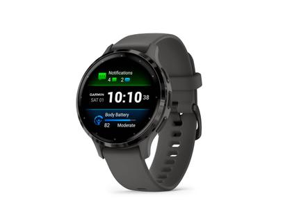 Garmin Venu 3S faserverstärktes Polymer kieselgrau 41mm kieselgraues Kautschukband – Herrenuhren Uhr Multifunktion aus Edelstahl, Kautschuk, Kunststoff und PVD beschichtet. Das Gehäuse ist rund und anthrazit. Das Kautschuk / Kunststoff / Silikon Armband ist anthrazit. Das Zifferblatt ist digital und schwarz. – Ansicht 3