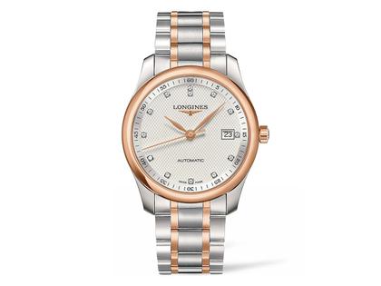 Longines Master Collection Automatik 40 mm Roségold silber Diamanten Metallband – Herrenuhren Uhr mit Datum aus 750 Rotgold und Edelstahl. Das Gehäuse ist rund und silber-roségold. Das Edelstahlarmband mit Gold ist silber-roségold. Das Zifferblatt ist ein Index in silber.
