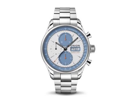 Union Glashütte Viro Chronograph Silvretta Classic 2021 Limited Edition Automatik Edelstahl 44mm weiß-blaues Zifferblatt blaues Lederband – Herrenuhren Chronograph aus Edelstahl. Das Gehäuse ist rund und silber. Das Lederarmband ist blau. Das Zifferblatt ist ein Index in blau. – Ansicht 2