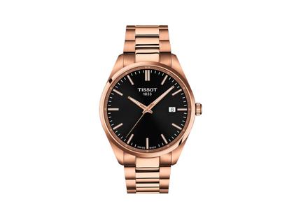 Tissot PR 100 Quarz Edelstahl Roségold-PVD 40mm schwarzes Zifferblatt Metallband – Herrenuhren Uhr mit Datum aus Edelstahl und PVD beschichtet. Das Gehäuse ist rund und roségold. Das Edelstahlarmband ist roségold. Das Zifferblatt ist ein Index in schwarz.