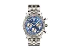Sinn Spezialuhren 903 Ti II Jubiläum Navigationschronograph Automatik Titan 41mm blaues Zifferblatt braunes Lederband und Titanband limitiert – Herrenuhren Chronograph aus Titan. Das Gehäuse ist rund und grau. Das Lederarmband ist braun. Das Zifferblatt ist arabisch Index und blau. – Ansicht 2