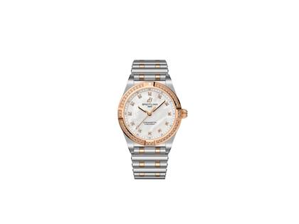Breitling Chronomat 28 Quarz Edelstahl weißes Perlmutt-Zifferblatt zweifarbiges Metallband – Damenuhren Uhr ohne Datum aus 750 Rotgold und Edelstahl. Das Gehäuse ist rund und silber-roségold. Das Edelstahlarmband mit Gold ist silber-roségold. Das Zifferblatt ist ein Index in weiß.