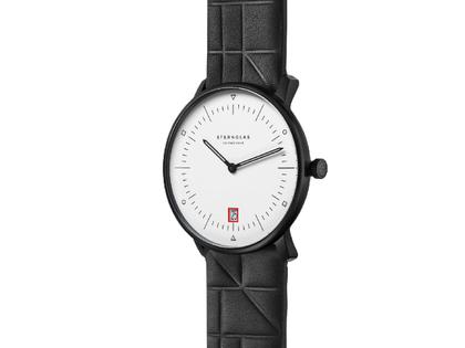 Sternglas Naos Edition Bauhaus III Quarz Edelstahl Schwarz-PVD 38mm weißes Zifferblatt schwarzes Lederband – Herrenuhren Uhr mit Datum aus Edelstahl, Leder und PVD beschichtet. Das Gehäuse ist rund und schwarz. Das Lederarmband ist schwarz. Das Zifferblatt ist arabisch Index und weiß. – Ansicht 2