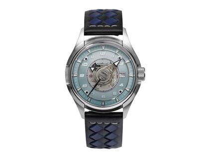 UMF Ruhla Colani Design 2025 Limited Edition Automatik Edelstahl 43mm blaues Zifferblatt schwarzes Lederband – Herrenuhren Uhr mit Datum aus Edelstahl. Das Gehäuse ist rund und silber. Das Lederarmband ist schwarz. Das Zifferblatt ist arabisch Index und blau.