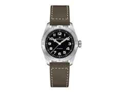 Hamilton Khaki Field Expedition Automatik Edelstahl 37mm schwarzes Zifferblatt olivgrünes Lederband – Herrenuhren Uhr ohne Datum aus Edelstahl und Leder. Das Gehäuse ist rund und silber. Das Lederarmband ist grün. Das Zifferblatt ist arabisch und schwarz.