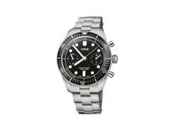 Oris Divers Sixty-Five Chronograph Automatik Edelstahl 40mm schwarzes Zifferblatt Metallband – Herrenuhren Chronograph aus Edelstahl. Das Gehäuse ist rund und silber. Das Edelstahlarmband ist silber. Das Zifferblatt ist ein Index in schwarz.