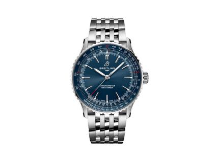 Breitling Navitimer Automatic 41 Chronometer Edelstahl blaues Zifferblatt Metallband – Herrenuhren Uhr ohne Datum aus Edelstahl. Das Gehäuse ist rund und silber. Das Edelstahlarmband ist silber. Das Zifferblatt ist ein Index in blau.
