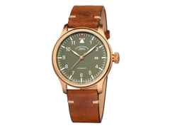 Mühle Glashütte Terrasport IV Bronze Khaki Edition Automatik 42mm grünes Zifferblatt braunes Lederband – Herrenuhren Uhr mit Datum aus Bronze und Edelstahl. Das Gehäuse ist rund und roségold. Das Lederarmband ist braun. Das Zifferblatt ist arabisch und grün.
