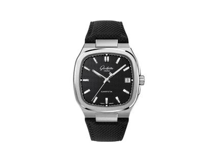 Glashütte Original Seventies Vintage Kollektion Vinyl Record Limited Edition Automatik Edelstahl 39x39mm schwarzes Zifferblatt Metallband und schwarzes Kautschukband – Herrenuhren Uhr mit Datum aus 750 Weißgold, Edelstahl und Kautschuk. Das Gehäuse ist quadratisch und silber. Das Edelstahlarmband ist silber. Das Zifferblatt ist ein Index in schwarz. – Ansicht 2
