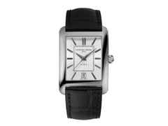 Frederique Constant Classics Carree Automatic Edelstahl silbernes Zifferblatt schwarzes Lederband – Herrenuhren Uhr mit Datum aus Edelstahl und Leder. Das Gehäuse ist rechteckig und silber. Das Lederarmband ist schwarz. Das Zifferblatt ist ein Index in silber.