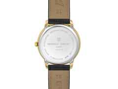 Frederique Constant Classics Moneta Moonphase Quarz Edelstahl Gelbgold-PVD 37mm weißes Zifferblatt schwarzes Lederband – Herrenuhren Uhr ohne Datum aus Edelstahl, Leder und PVD beschichtet. Das Gehäuse ist rund und gelbgold. Das Lederarmband Kroko / Alligator ist schwarz. Das Zifferblatt ist ein Index in weiß. – Ansicht 2