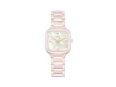 Rado True Square Diamonds Quarz Keramik 29mm weißes Perlmutt-Zifferblatt mit Brillanten Keramikband – Damenuhren Uhr ohne Datum aus Keramik und Titan. Das Gehäuse ist quadratisch und rosa. Das Keramikarmband ist rosa. Das Zifferblatt ist ein Index in weiß.