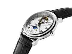 Frederique Constant Classics Heart Beat Moonphase Date Automatik Edelstahl 40mm silbernes Zifferblatt schwarzes Lederband – Herrenuhren Uhr ohne Datum aus Edelstahl. Das Gehäuse ist rund und silber. Das Lederarmband ist schwarz. Das Zifferblatt ist römisch und silber. – Ansicht 3