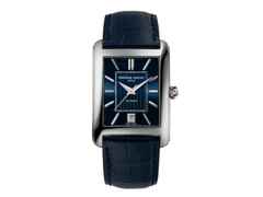 Frederique Constant Classics Carree Automatic Edelstahl blaues Zifferblatt blaues Lederband – Herrenuhren Uhr mit Datum aus Edelstahl und Leder. Das Gehäuse ist rechteckig und silber. Das Lederarmband ist blau. Das Zifferblatt ist ein Index in blau.