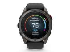 Garmin fenix 8 Pro 51mm AMOLED faserverstärktes Polymer und Titan DLC-Carbongrau digitales Zifferblatt schwarzes Silikonband – Herrenuhren Uhr Multifunktion aus DLC beschichtet, Kunststoff und Titan. Das Gehäuse ist rund und grau. Das Kautschuk / Kunststoff / Silikon Armband ist schwarz. Das Zifferblatt ist digital und schwarz.