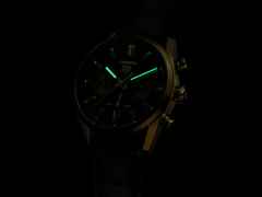 TAG Heuer Carrera Chronograph Automatik Gelbgold 42mm schwarzes Zifferblatt schwarzes Lederband – Herrenuhren Chronograph aus 750 Gelbgold und Leder. Das Gehäuse ist rund und gelbgold. Das Lederarmband Kroko / Alligator ist schwarz. Das Zifferblatt ist ein Index in schwarz. – Ansicht 6
