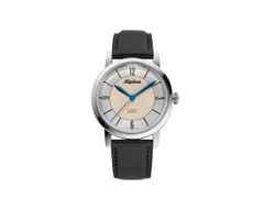 Alpina Heritage Automatik Edelstahl 38mm silberfarbenes Zifferblatt schwarzes Lederband – Herrenuhren Uhr ohne Datum aus Edelstahl und Leder. Das Gehäuse ist rund und silber. Das Lederarmband ist schwarz. Das Zifferblatt ist arabisch Index und silber.