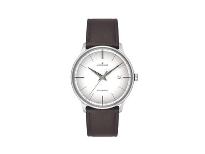 Junghans Meister Classic Automatik Edelstahl 38mm versilbertes Zifferblatt braunes Lederband – Herrenuhren Uhr mit Datum aus Edelstahl. Das Gehäuse ist rund und silber. Das Lederarmband ist braun. Das Zifferblatt ist ein Index in silber.