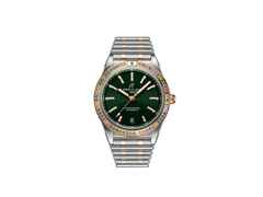 Breitling Chronomat Automatic 36 South Sea Edelstahl grünes Zifferblatt mit Brillanten und bunten Saphiren Metallband – Damenuhren Uhr mit Datum aus 750 Rotgold und Edelstahl. Das Gehäuse ist rund und silber. Das Edelstahlarmband mit Gold ist silber. Das Zifferblatt ist ein Index in grün.