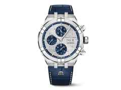Maurice Lacroix Aikon Chronograph Automatik Edelstahl 44mm silbernes Zifferblatt blaues Lederband – Herrenuhren Chronograph aus Edelstahl. Das Gehäuse ist rund und silber. Das Lederarmband ist blau. Das Zifferblatt ist ein Index in silber.