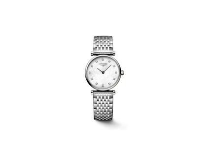 Longines La Grande Classique Quarz Edelstahl 24mm weißes Perlmutt-Zifferblatt mit Damenuhr Metallband – Damenuhren Uhr ohne Datum aus Edelstahl und PVD beschichtet. Das Armband ist ein Edelstahlarmband. Der Zifferblatt ist ein Index.