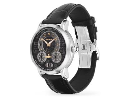 Montblanc Star Legacy Nicolas Rieussec Monopusher Automatik Chronograph Meisterstück 100 Jahre Limited Edition – Herrenuhren Chronograph aus Edelstahl. Das Gehäuse ist rund und silber. Das Lederarmband ist schwarz. Das Zifferblatt ist arabisch und schwarz. – Ansicht 3