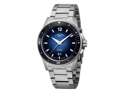 Mühle Glashütte Sportivo  Großdatum Automatik Edelstahl 42mm blaues Zifferblatt Metallband – Herrenuhren Uhr mit Datum aus Edelstahl und Leder. Das Gehäuse ist rund und silber. Das Edelstahlarmband ist silber. Das Zifferblatt ist ein Index in blau.