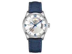 Hamilton Jazzmaster Open Heart Automatik Edelstahl 42mm silbernes Zifferblatt blaues Lederband – Herrenuhren Uhr ohne Datum aus Edelstahl. Das Gehäuse ist rund und silber. Das Lederarmband ist blau. Das Zifferblatt ist arabisch Index und silber.