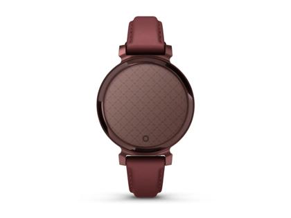 Garmin Lily 2 Smartwatch Aluminium eloxiert 35mm dunkelbronzefarbenes Display bordeauxfarbenes Lederband – Damenuhren Uhr Multifunktion aus eloxiertes Aluminium, Kunststoff und Leder. Das Gehäuse ist rund und rot. Das Lederarmband ist rot. Das Zifferblatt ist digital und rot. – Ansicht 4