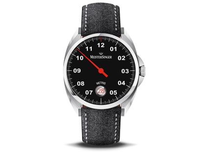 MeisterSinger Metris schwarzes Zifferblatt – Herrenuhren Uhr mit Datum aus Edelstahl. Das Gehäuse ist rund und silber. Das Textilarmband ist schwarz. Das Zifferblatt ist arabisch Index und schwarz.