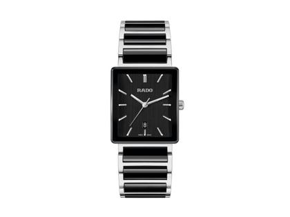 Damenuhren Uhr mit Datum aus Edelstahl und Keramik. Das Gehäuse ist rechteckig und silber. Das Keramikarmband ist schwarz. Das Zifferblatt ist ein Index in schwarz.