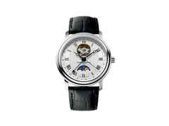 Frederique Constant Classics Heart Beat Moonphase Date Automatik Edelstahl 40mm silbernes Zifferblatt schwarzes Lederband – Herrenuhren Uhr ohne Datum aus Edelstahl. Das Gehäuse ist rund und silber. Das Lederarmband ist schwarz. Das Zifferblatt ist römisch und silber.