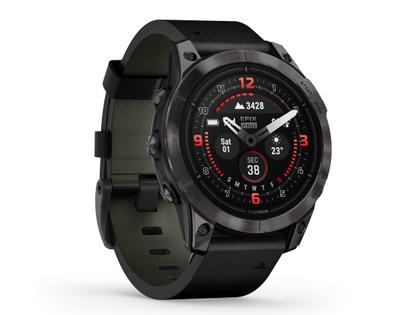 Garmin epix Pro Sapphire Titan carbongrau beschichtet 47 mm Lederband schwarz – Herrenuhren Uhr Multifunktion aus DLC beschichtet, Kautschuk und Titan. Das Gehäuse ist rund und schwarz. Das Lederarmband ist schwarz. Das Zifferblatt ist digital und schwarz. – Ansicht 2
