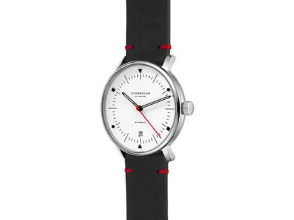 Sternglas Naos Edition Bauhaus X Rot Automatik Edelstahl 38mm beiges Zifferblatt schwarzes Lederband – Herrenuhren Uhr mit Datum aus Edelstahl. Das Gehäuse ist rund und silber. Das Lederarmband ist schwarz. Das Zifferblatt ist ein Index in beige. – Ansicht 3